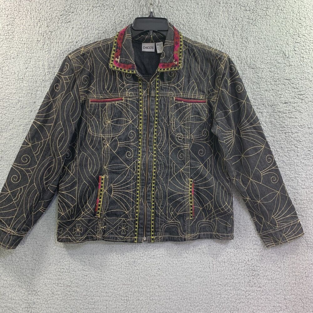 Chicos Denim Jacket Tribal Art Zip Cotton sz 2/ Large 12 Embroidered - Picture 12 of 13